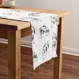 Vintage Cottagecore Pig LineArt Minimalist Pattern Short Table Runner