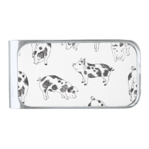 Vintage Cottagecore Pig LineArt Minimalist Pattern Silver Finish Money Clip