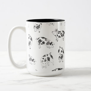 Vintage Cottagecore Pig LineArt Minimalist Pattern Two-Tone Coffee Mug