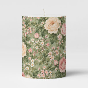 Vintage Cottagecore Pink Rose Floral Pattern Pilla Pillar Candle