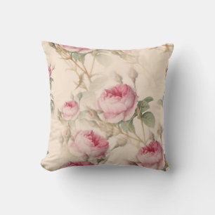 Vintage Cottagecore Pink Roses Botanical Throw Pillow