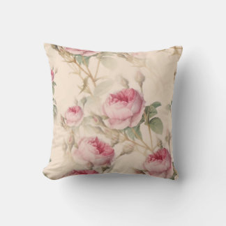Vintage Cottagecore Pink Roses Botanical  Throw Pillow
