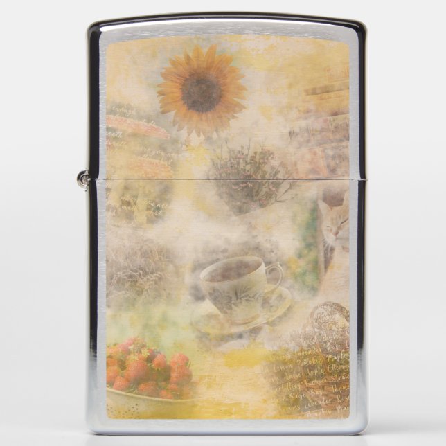 Vintage Cottagecore Sunflower Mushroom Collage Zippo Lighter (Front)