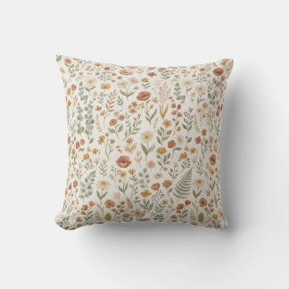 Vintage Cottagecore Wildflower Floral Earth Tone Throw Pillow