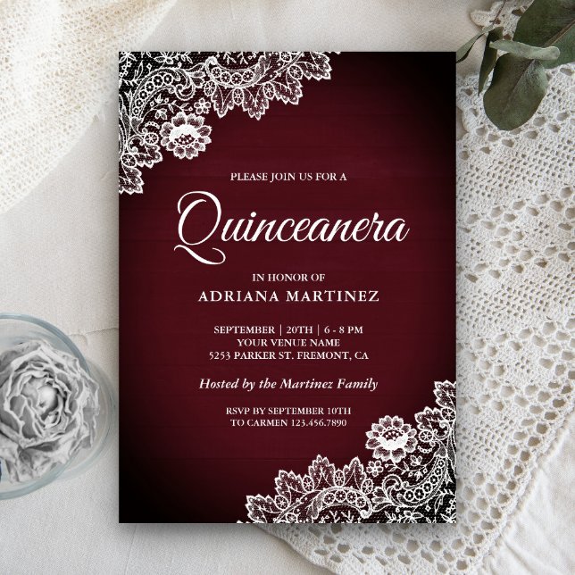 Vintage Country Burgundy Wood Lace Quinceanera Invitation