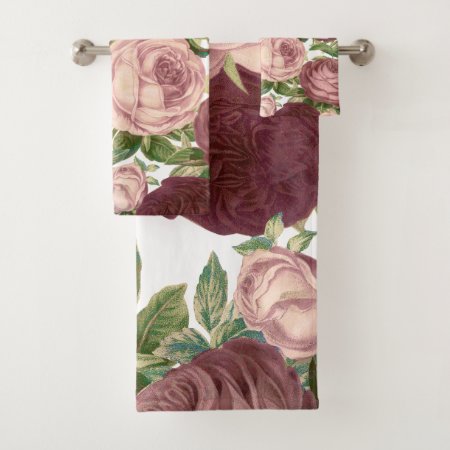 Vintage Country Chic Burgundy Pink Roses Flowers Bath Towel Set