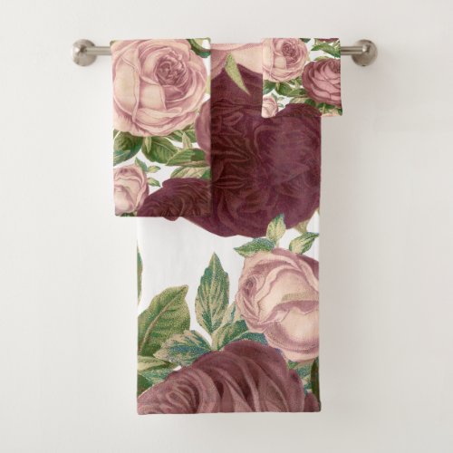 Vintage country chic burgundy pink roses flowers bath towel set