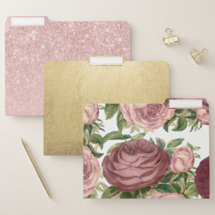 Vintage country chic burgundy pink roses flowers file folder