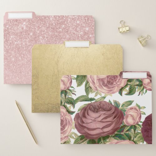 Vintage country chic burgundy pink roses flowers file folder