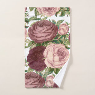 Vintage country chic burgundy pink roses flowers hand towel