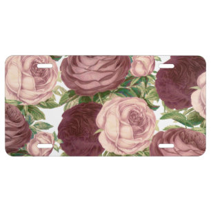 Vintage country chic burgundy pink roses flowers license plate