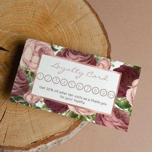 Vintage country chic burgundy pink roses flowers loyalty card