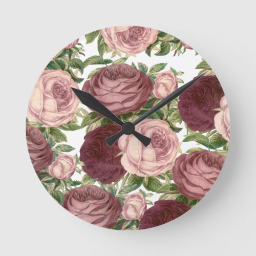 Vintage country chic burgundy pink roses flowers round clock