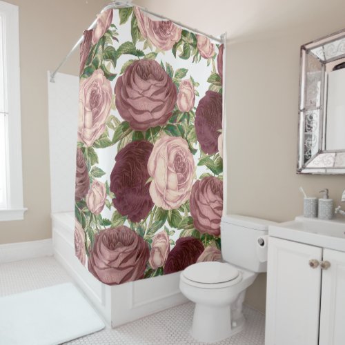 Vintage country chic burgundy pink roses flowers shower curtain