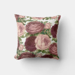 Vintage Country Chic Burgundy Pink Roses Flowers Throw Pillow at Zazzle