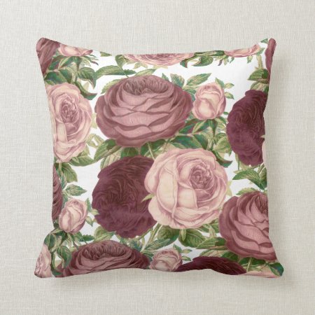 Vintage Country Chic Burgundy Pink Roses Flowers Throw Pillow