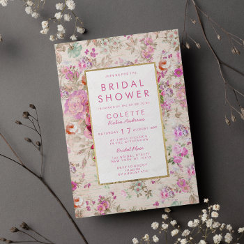 Vintage Country Chic Pink Floral Bridal Shower Invitation by kicksdesign at Zazzle