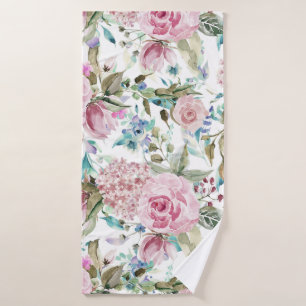 Vintage Country Chic Pink Teal Lavender Floral Bath Towel