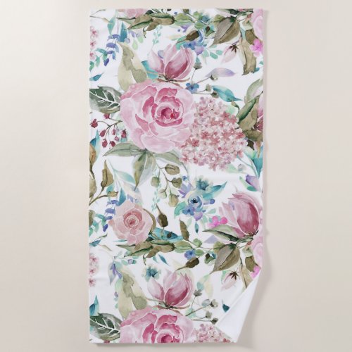 Vintage Country Chic Pink Teal Lavender Floral Beach Towel