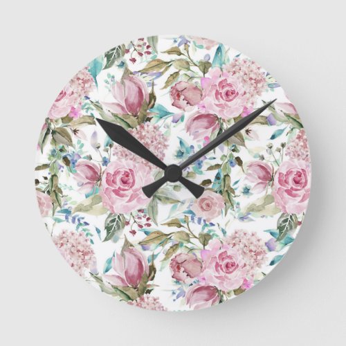 Vintage Country Chic Pink Teal Lavender Floral Round Clock