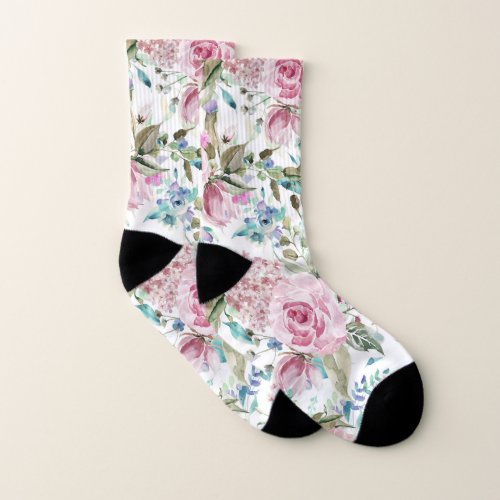 Vintage Country Chic Pink Teal Lavender Floral Socks