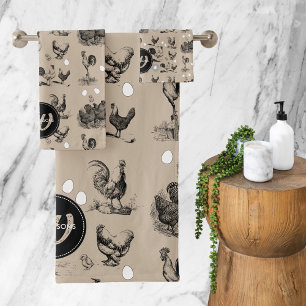 Vintage Country Chicken Rooster Egg Monogram Bath Towel Set
