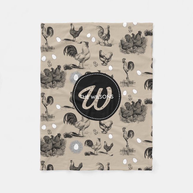 Vintage Country Chicken Rooster Egg Monogram  Fleece Blanket (Front)