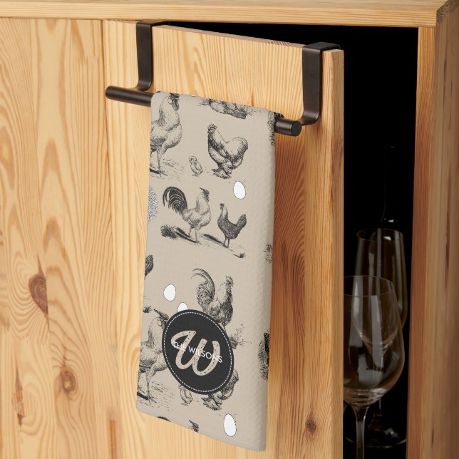 Vintage Country Chicken Rooster Egg Monogram Kitchen Towel (Thirds Fold)