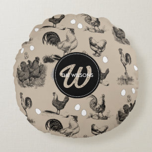 Vintage Country Chicken Rooster Egg Monogram Round Pillow