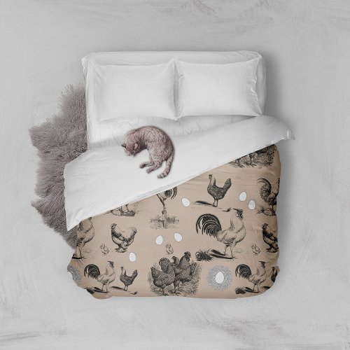 Vintage Country Chicken Rooster Egg Pattern Duvet Cover