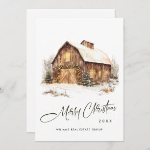 Vintage Country Christmas Barn Pine Tree Corporate Holiday Card