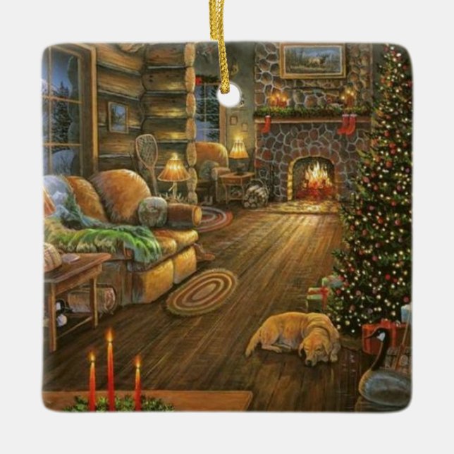 Vintage Country Christmas Cabin Ceramic Ornament (Front)