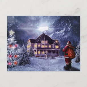 Vintage Country Christmas Cabin Holiday Postcard