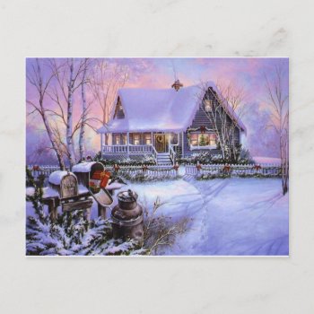 Vintage Country Christmas Cabin Holiday Postcard by Timeless_Treasures at Zazzle