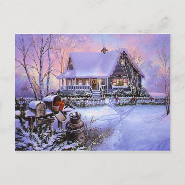 Vintage Country Christmas Cabin Holiday Postcard (Front)