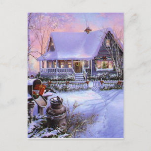 Vintage Country Christmas Cabin Holiday Postcard