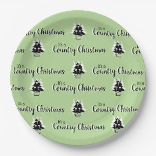 Vintage Country Christmas Trees Pattern Green Paper Plates