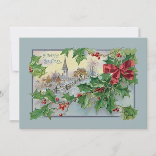 Vintage Country Church and Holly Holiday Card