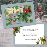 Vintage Country Church and Holly Holiday Card<br><div class="desc">Beautifully restored Victorian-era Christmas illustration featuring vibrant sprays of holly with red bow and peaceful country church scene with Merry Christmas greeting. Back features complementary holly graphics and editable text fields.</div>