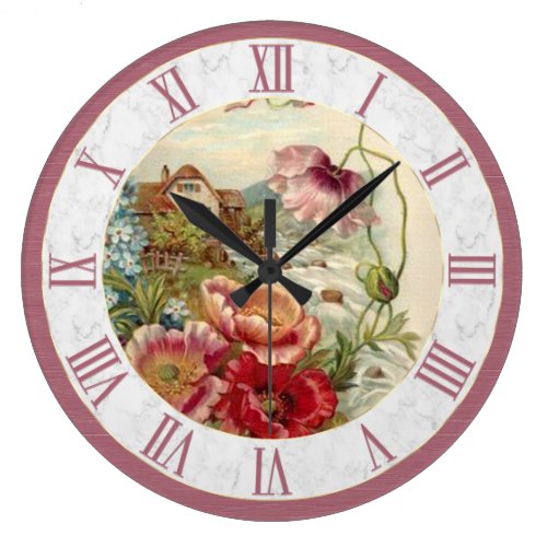 Vintage Country Cottage Scene Dusty Pink Floral Large Clock