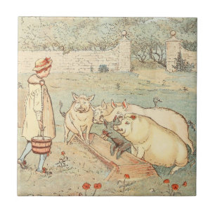 Vintage Country Farm Feeding Pigs Ceramic Tile