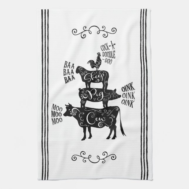 Vintage Country Farmhouse Stacked Farm Animal Kitchen Towel (Vertical)
