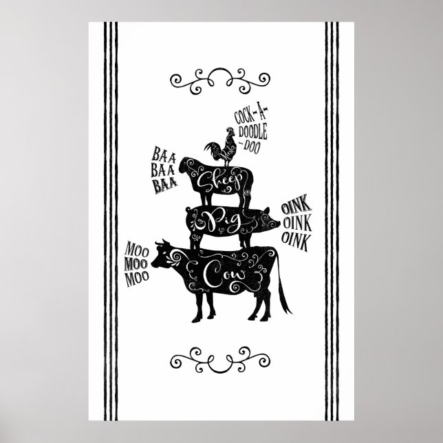Vintage Country Farmhouse Stacked Farm Animal Poster (Front)