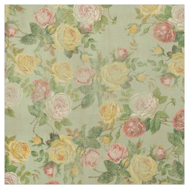 Vintage Country Floral Pink and Green Rustic Print Fabric (Swatch)