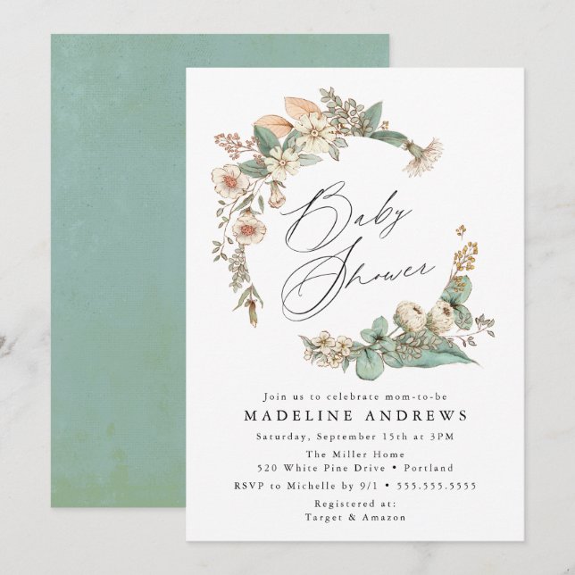 Vintage Country Floral Wreath Baby Shower Invitation (Front/Back)