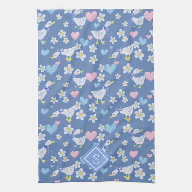 Vintage Country Geese Pattern Monogram Kitchen Towel (Vertical)