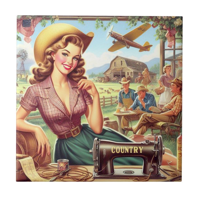 Vintage Country Girl Illustration Ceramic Tile (Front)