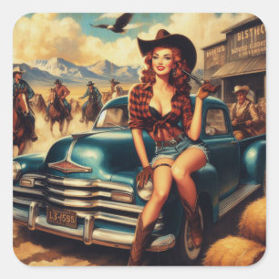 Vintage Country Girl Illustration Square Sticker