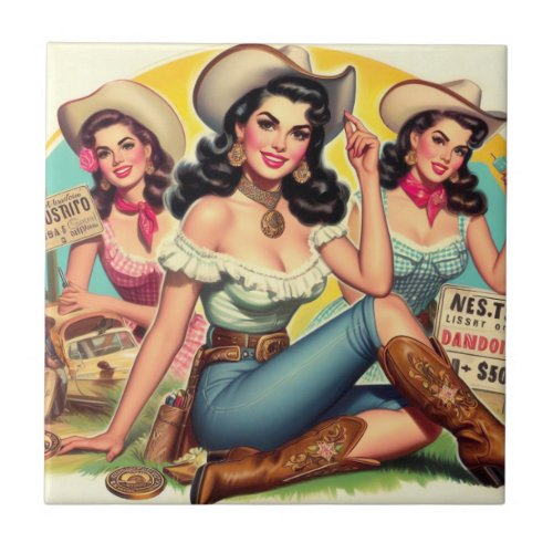 Vintage Country Girls Ceramic Tile