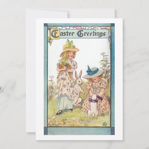 Vintage Country Girls with Easter Bunnies  Chicks Holiday Card